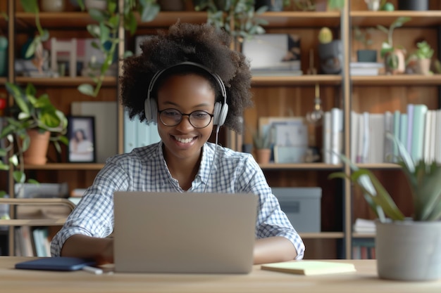 Una donna afro che indossa un auricolare viene osservata mentre scrive appunti durante una videoconferenza che la dimostra