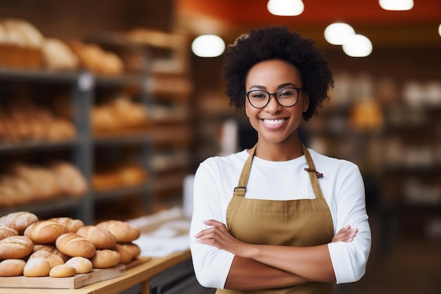 Una donna afro sorridente, proprietaria di un'azienda, ritratto in piedi Generative Ai