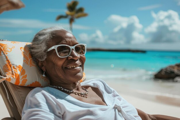 Una donna afroamericana anziana felice che si riposa su una spiaggia soleggiata in una chaise lounge