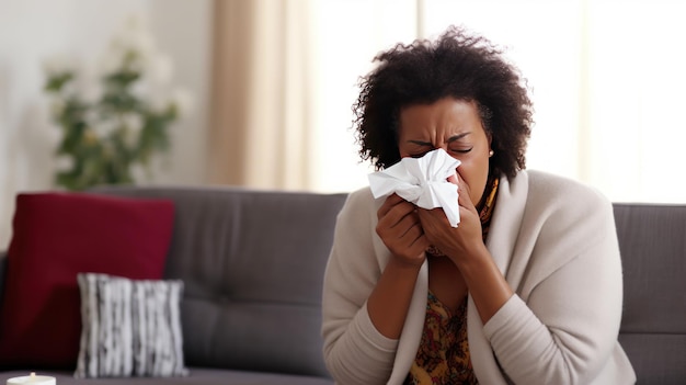 Una donna afroamericana avvolta in vestiti caldi a causa dei brividi ha l'influenza e starnutisce sul tovagliolo