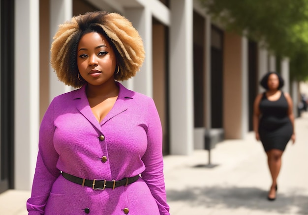 Una donna afroamericana curvy in sovrappeso posa su una strada cittadina IA generativa