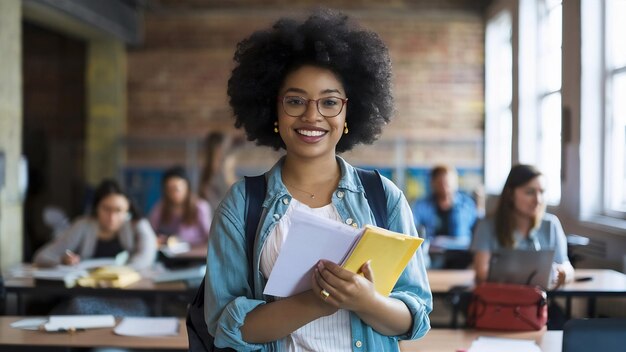 Una donna afroamericana dall'aspetto piacevole tiene dei blocchi di appunti, dei documenti, studia all'università, felice di finire la scuola.