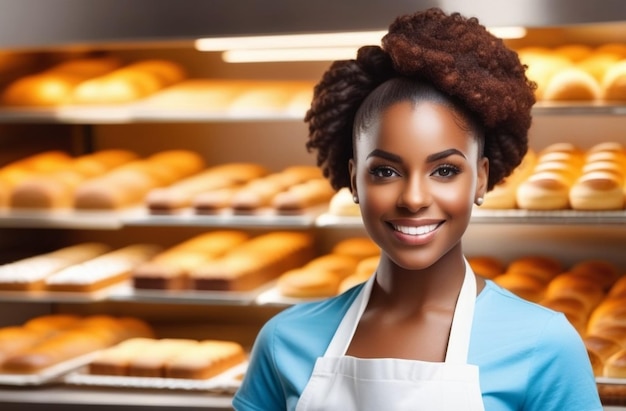 una donna afroamericana felice che lavora in una panetteria con un negozio di panetteria sullo sfondo