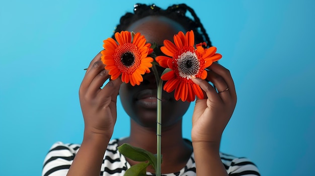 Una donna afroamericana giocosa e positiva copre gli occhi con due gerbere arancioni e si diverte con l'IA generativa.