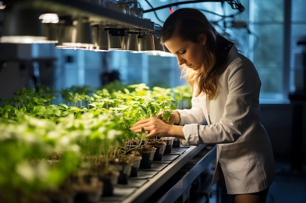 Una donna agronomo biologo che coltiva piante verdi Generative Ai