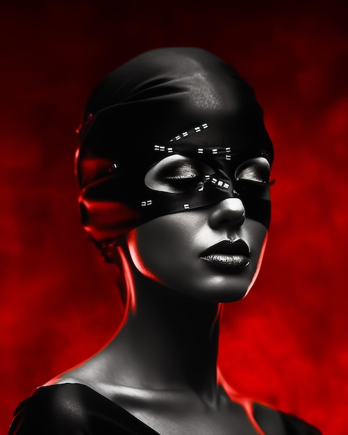 Una donna alla moda con gli occhi bendati che indossa una maschera di pelle nera come un eroe con sfondo rosso scuro