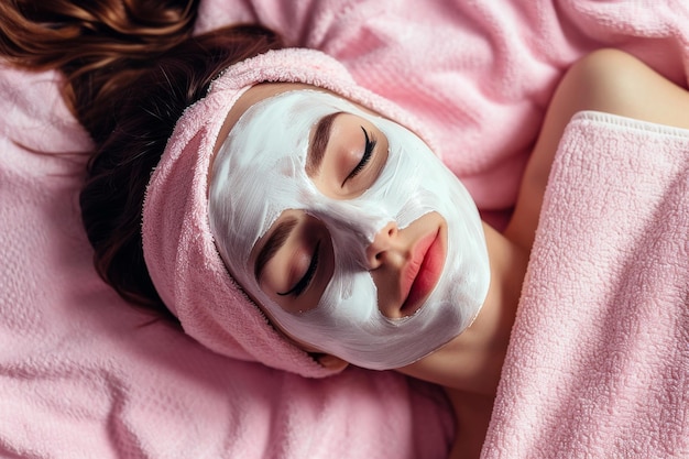 una donna alla spa si rilassa con asciugamani e una maschera per il viso