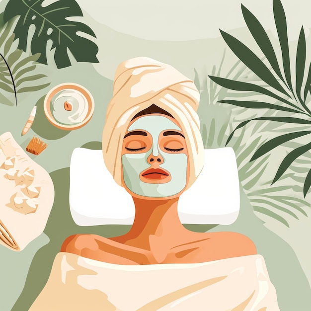 una donna alla spa si rilassa con asciugamani e una maschera per il viso