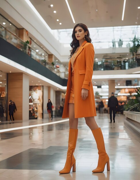 Una donna allegra che cammina in un centro commerciale della città sorridendo