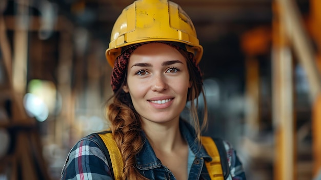 Una donna allegra che lavora nella costruzione indossa un casco e guarda la telecamera