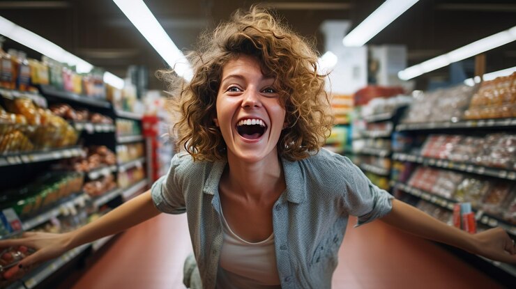 Una donna allegra che si diverte a fare acquisti in un negozio di alimentari che incorpora la palette di colori