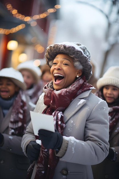 Una donna allegra con un cappello invernale canta in un ambiente festoso