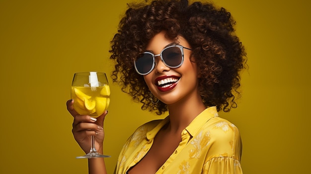 Una donna allegra dai capelli ricci in giallo che fa un brindisi con un cocktail al limone godendo di un'atmosfera soleggiata