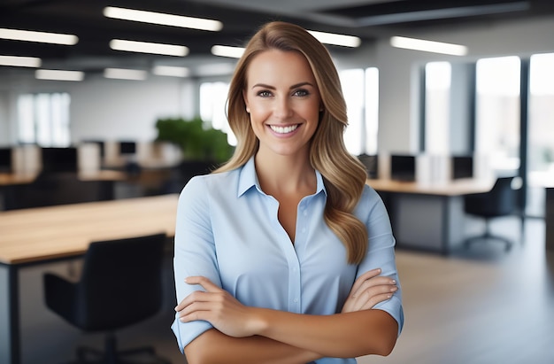 una donna allegra in un abito formale in ufficio che usa un laptop