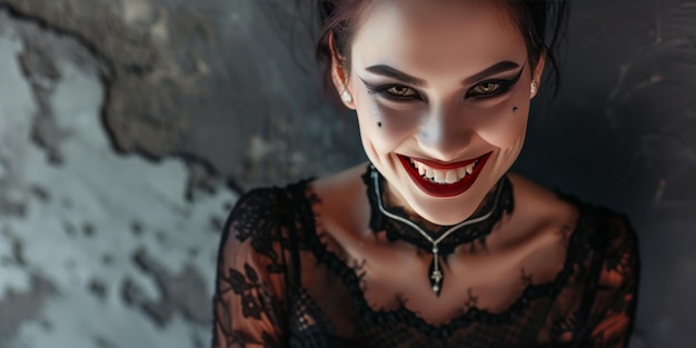 Una donna allegra indossa un costume di vampiro per Halloween con spazio per il testo