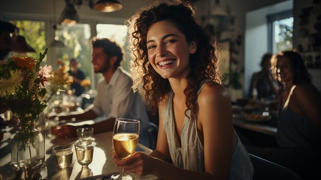 Una donna allegra si beve con gli amici in un bar vivace