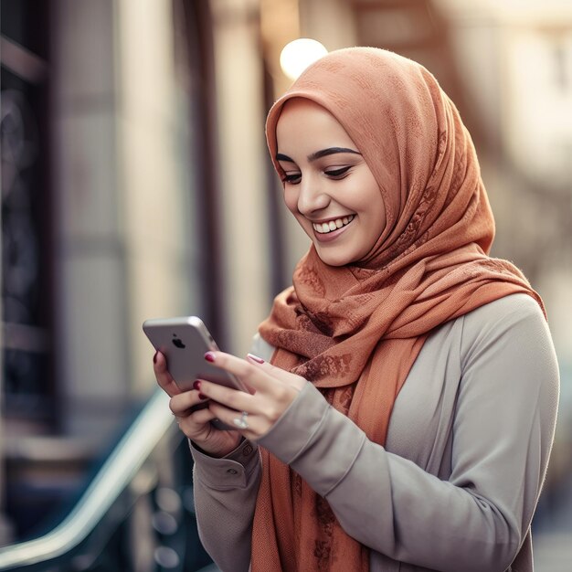 Una donna allegra usa lo smartphone in città abbracciando la comunicazione globale e la tecnologia moderna