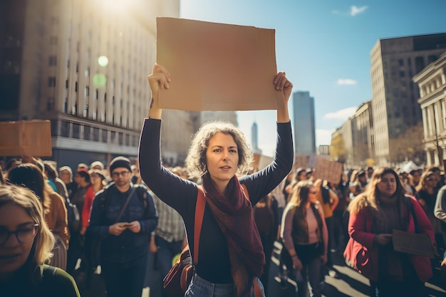 Una donna alza uno striscione durante una manifestazione in città