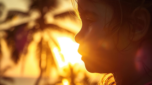 Una donna ammira il tramonto con silhouette di palme contro il cielo fiammeggiante aig