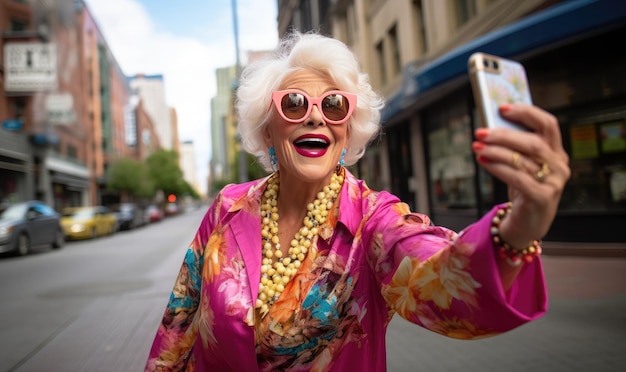 Una donna anziana allegra si fa un selfie con il suo smartphone