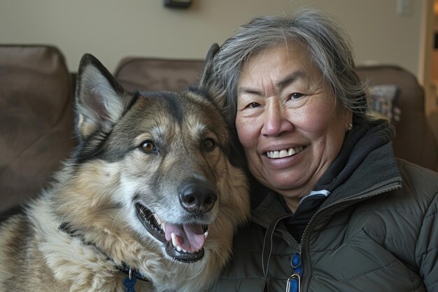 Una donna anziana asiatica sorridente abbraccia un cane pastore catturando ricordi duraturi con il suo animale domestico