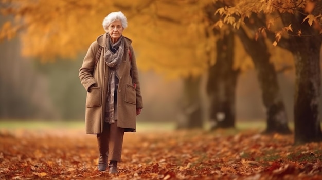 Una donna anziana cammina in un parco con foglie autunnali per terra.