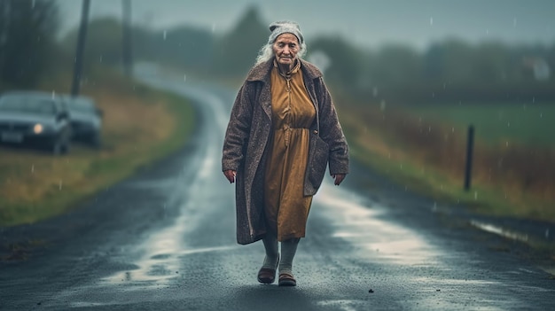 Una donna anziana cammina lungo una strada sotto la pioggia.