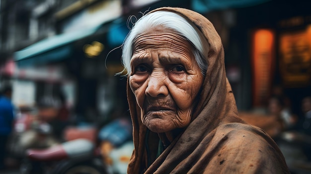 Una donna anziana cammina per strada.