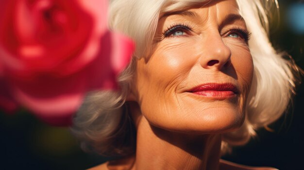 Una donna anziana che fa una passeggiata nel giardino delle rose