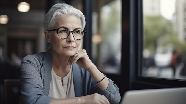 Una donna anziana che guarda fuori dalla finestra e pensa