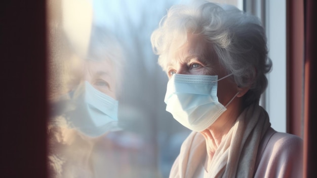 Una donna anziana che guarda fuori mentre indossa una maschera protettiva per il viso