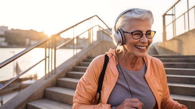 Una donna anziana che indossa le cuffie e si allena all'aperto Creato con la tecnologia Generative AI