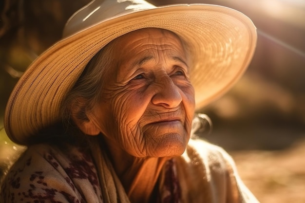 Una donna anziana che indossa un cappello e un cappello siede in un villaggio in Perù.