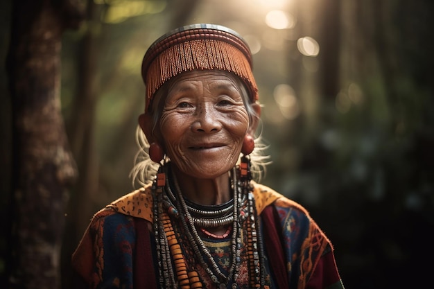 Una donna anziana che indossa un costume tradizionale si trova in una foresta.