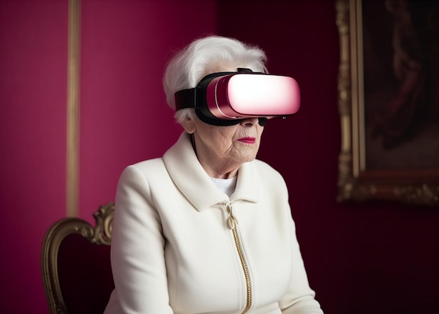 Una donna anziana che indossa un visore per la realtà virtuale.