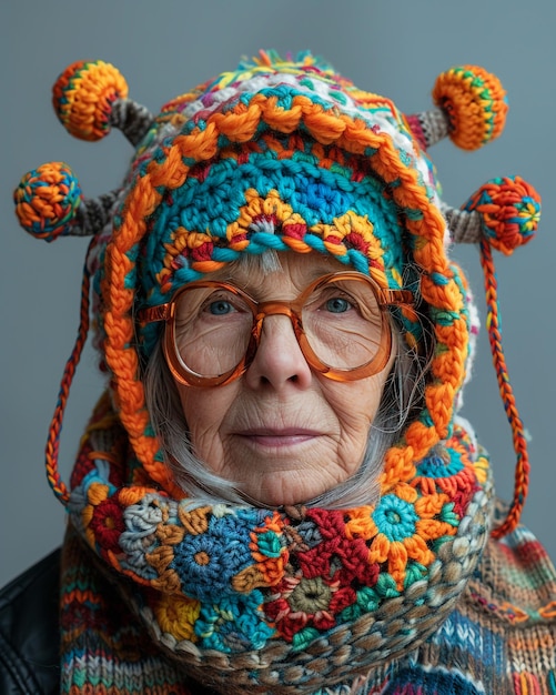 una donna anziana che indossa una sciarpa con un disegno di fiori