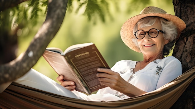 Una donna anziana che legge un libro in un'amaca sotto un albero