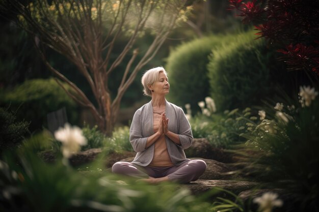 Una donna anziana che medita nel parco Una donna anziana che pratica yoga in un giardino tranquillo che trova l'equilibrio