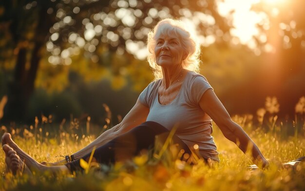 Una donna anziana che si diverte mentre si esercita in ambienti con aria fresca e IA generativa