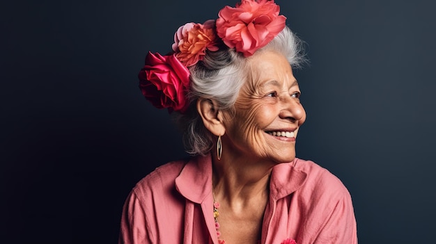 Una donna anziana con dei fiori tra i capelli