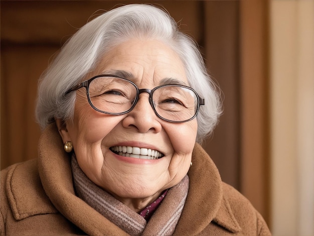 Una donna anziana con gli occhiali e una giacca marrone sorride alla telecamera di Generative AI