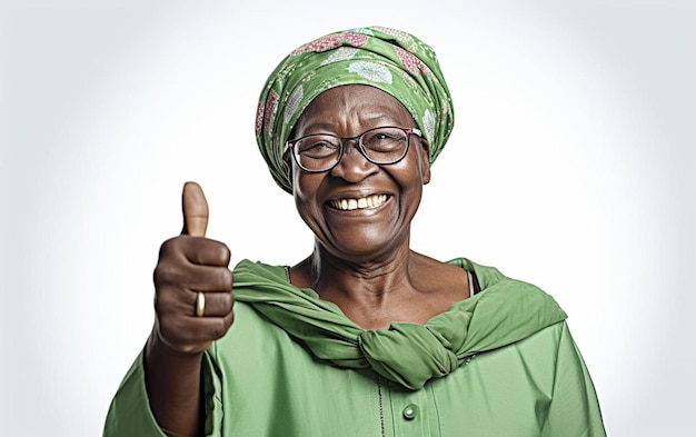 Una donna anziana con gli occhiali e una maglietta verde con scritto "pollice alzato".