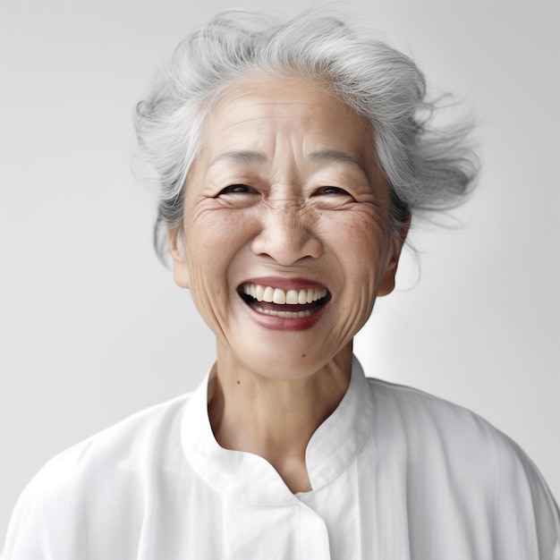 Una donna anziana con i capelli bianchi e una camicia bianca sta sorridendo.