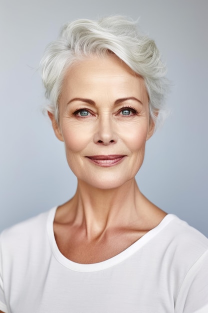 Una donna anziana con i capelli bianchi e una maglietta bianca sorride alla telecamera IA generativa