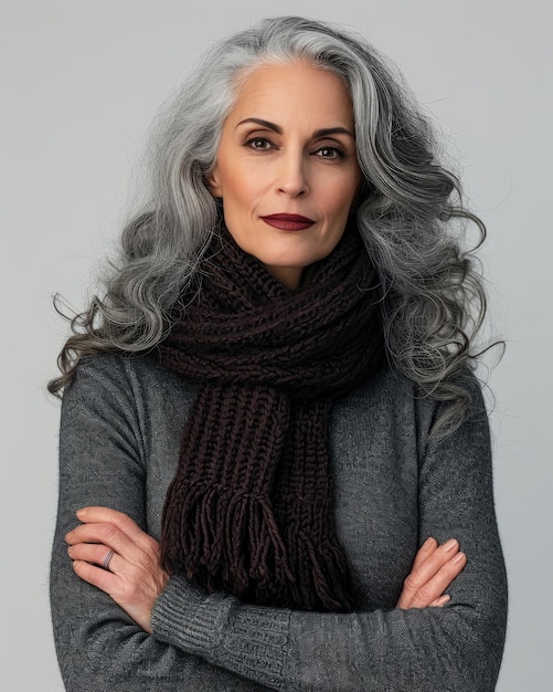 Una donna anziana con i capelli grigi che indossa una sciarpa