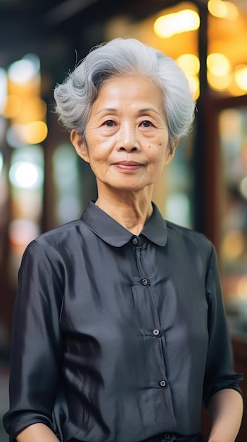 una donna anziana con i capelli grigi e una camicia nera.