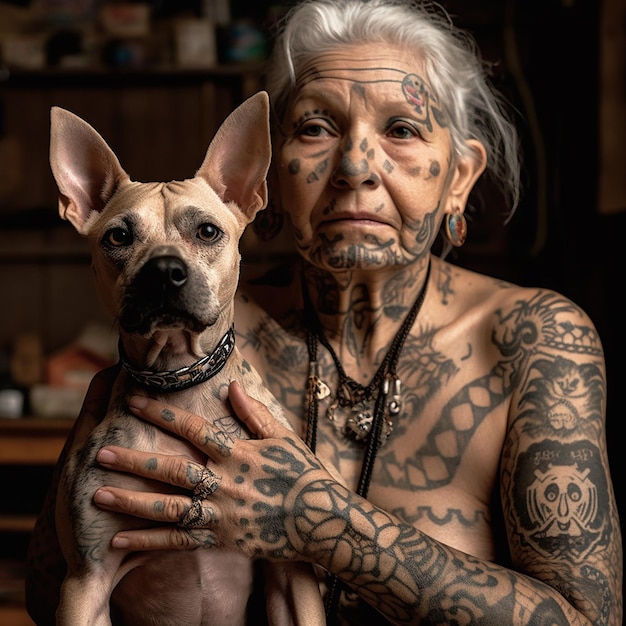 Una donna anziana con tatuaggi tiene tra le braccia un cane messicano senza peli. La donna e il cane si assomigliano