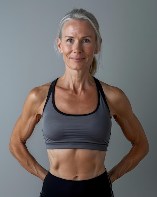 Una donna anziana con un reggiseno sportivo