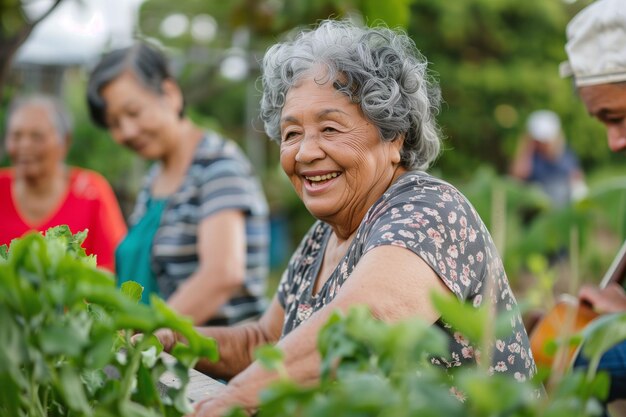 Una donna anziana con un sorriso contagioso che si occupa di piante da giardino circondate