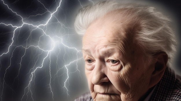 Una donna anziana con un temporale alle spalle